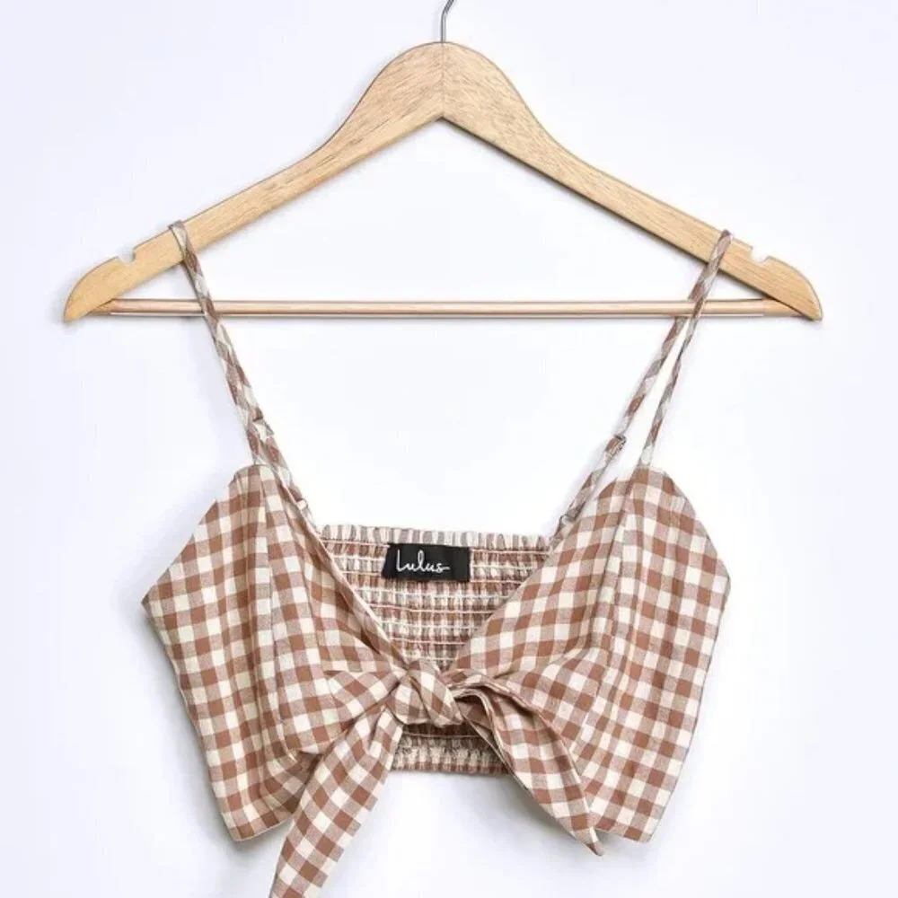 NWT Lulu’s Midday Muse White and Brown Gingham Tie-Front Crop Top Size Medium